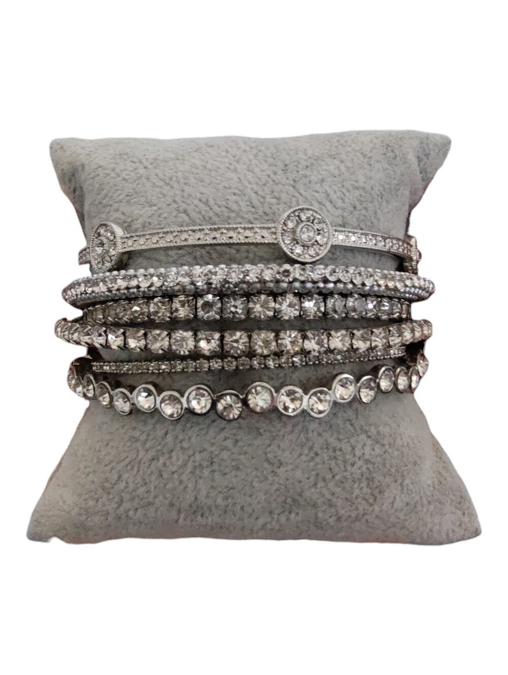 Silver Tone Rhinestone Bracelet Lot 6 Piece Set | Tennis, Stretch & Bangle Style